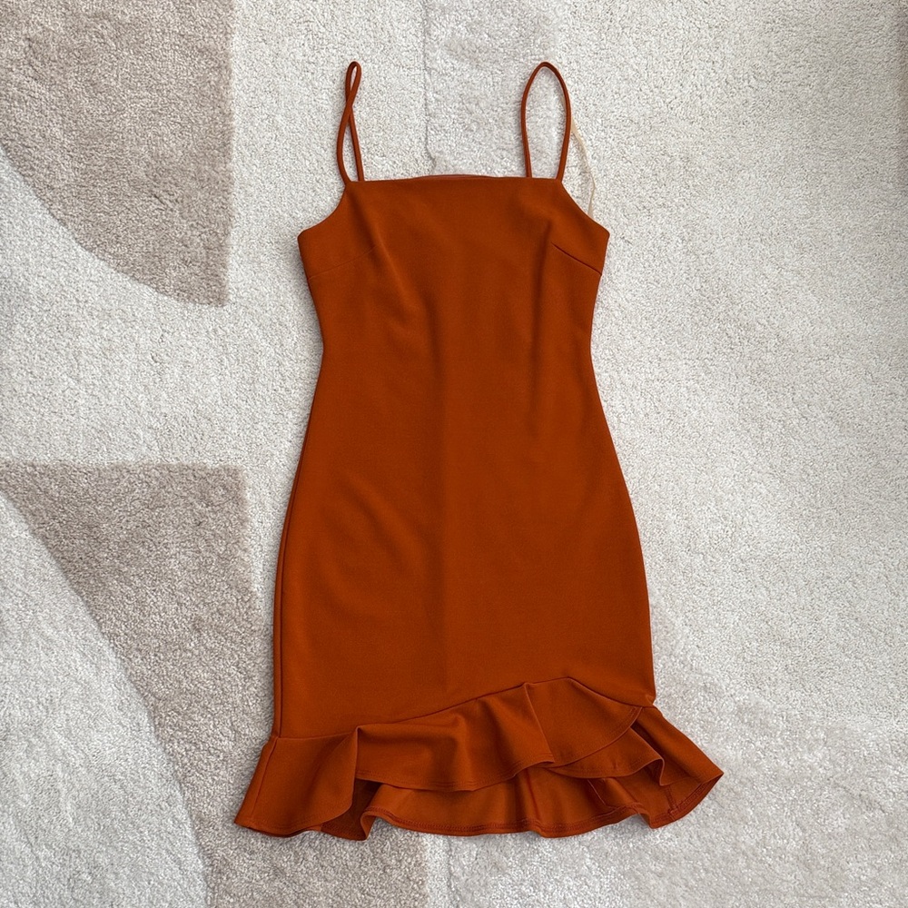 Blue Blush Rust-Orange Spaghetti Strap Ruffle Hem Mini Bodycon Dress